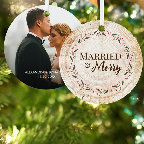Custom Photo Married and Merry 1st xmas faux wood  Metal Ornament