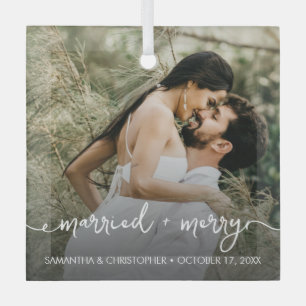 Custom Photo Married & Merry First Christmas Glass Ornament