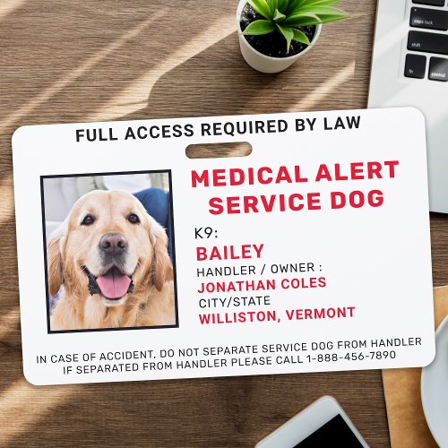 Custom Photo Medical Alert Service Dog ID Badge
