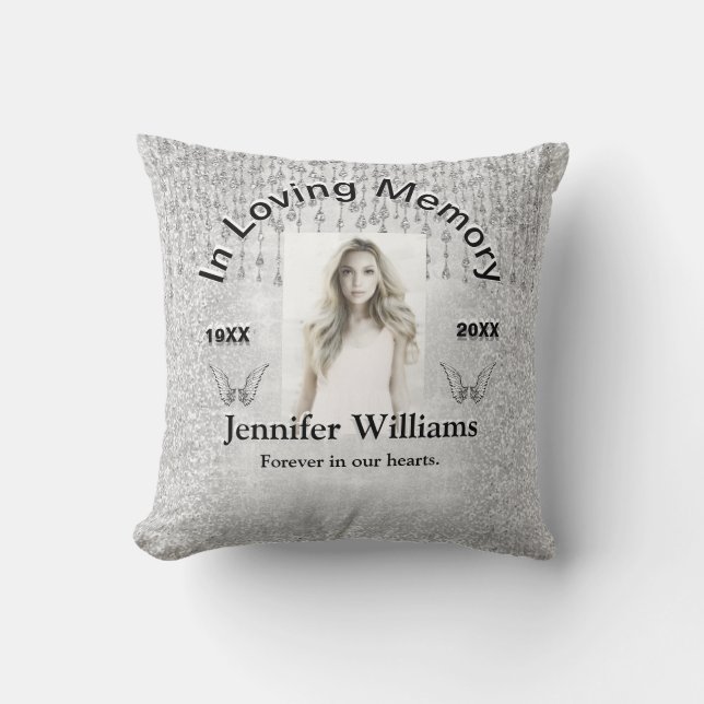 Custom Photo Memorial Silver Angel Tears Throw Pillow (Front)