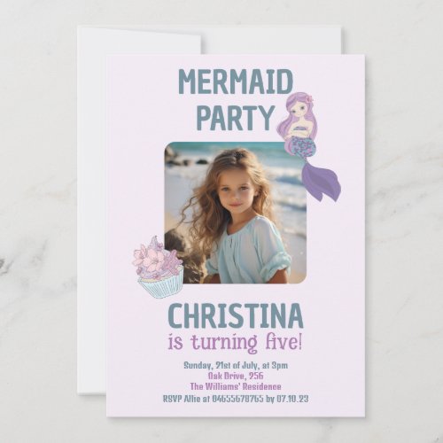 Custom Photo Mermaid Birthday Party Teal Purple Invitation