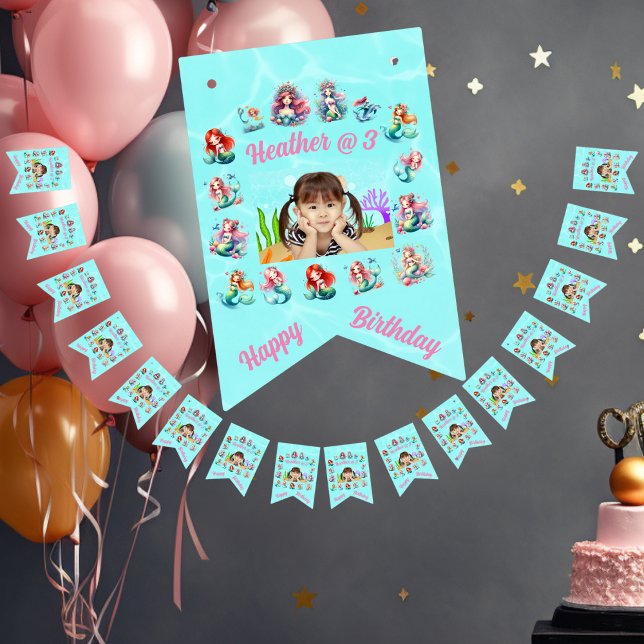 Custom Photo Mermaids Theme Kids Birthday Party Bunting Flags (Creator Uploaded)