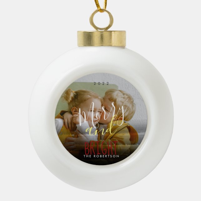 Custom Photo Merry and Bright Typography Ceramic Ball Christmas Ornament (Front)