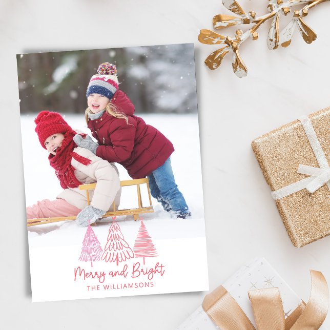 Custom Photo Merry Bright Pink Red Trees Christmas Holiday Card (Creator Uploaded)