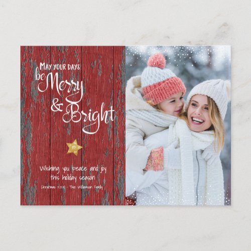 Custom Photo Merry Bright Script Red Wood Rustic Holiday Postcard