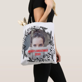 Custom Photo Merry Christmas Black Wreath Tote Bag