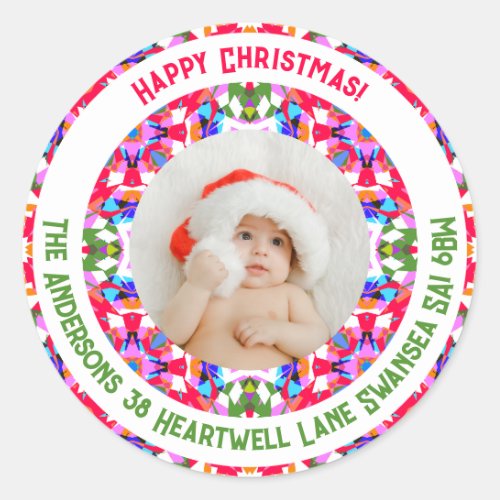 Custom Photo Merry Christmas Colorful Address Classic Round Sticker