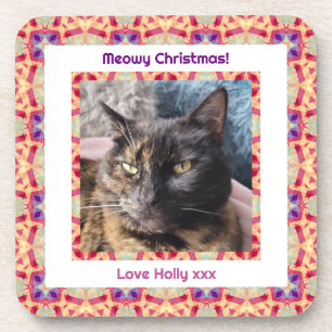 Custom Photo Merry Christmas Jolly Pet Cat Kitten Beverage Coaster