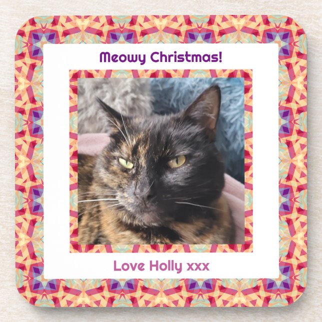 Custom Photo Merry Christmas Jolly Pet Cat Kitten Beverage Coaster (Front)