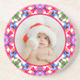 Custom Photo Merry Christmas Modern Colorful Gift Coaster
