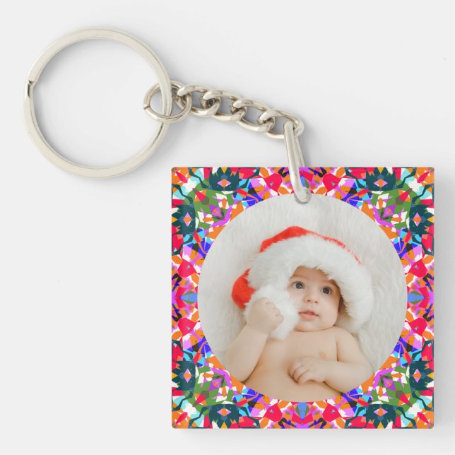 Custom Photo Merry Christmas Modern Colorful Keychain (Front)