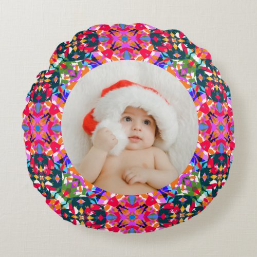 Custom Photo Merry Christmas Modern Colorful Round Pillow