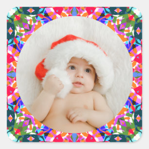 Custom Photo Merry Christmas Modern Colorful Square Sticker
