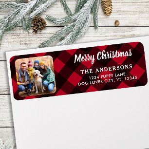 Custom Photo Merry Christmas Red Buffalo Plaid Label