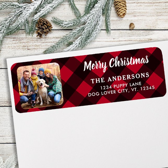 Custom Photo Merry Christmas Red Buffalo Plaid Label (Creator Uploaded)