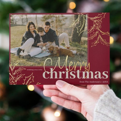 Custom Photo Merry Christmas Red Holly Berry Gold Foil Holiday Card