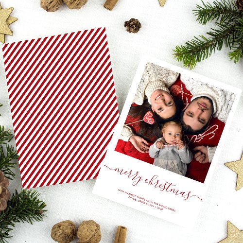 Custom Photo Merry Christmas Red Script Minimalist Holiday Card