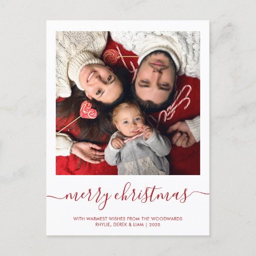 Custom Photo Merry Christmas Red Script Minimalist Holiday Postcard