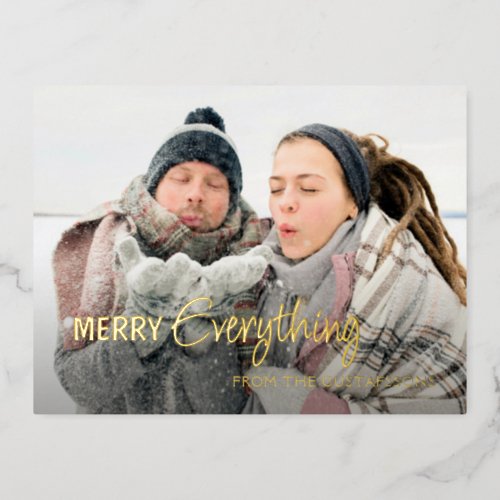 Custom Photo Merry Everything Humor Text Gold Foil Holiday Postcard