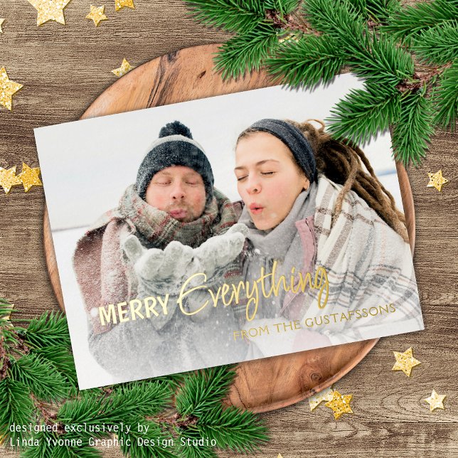Custom Photo Merry Everything Humor Text Gold Foil Holiday Postcard (Creator Uploaded)