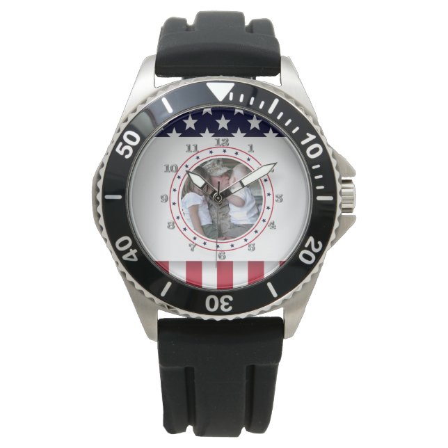 Custom Photo Military Family USA Flag Patriotic Watch (Front)