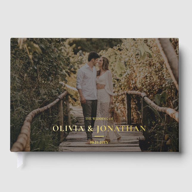 Custom Photo Minimal Black Foil Gold Wedding Foil Guest Book (Front)