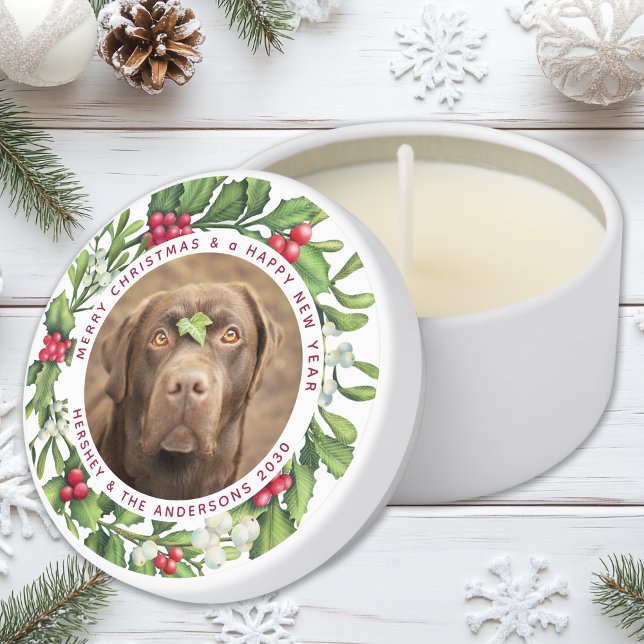 Custom Photo Mistletoe Wreath Family Dog Christmas Mini Candle Favors (Creator Uploaded)