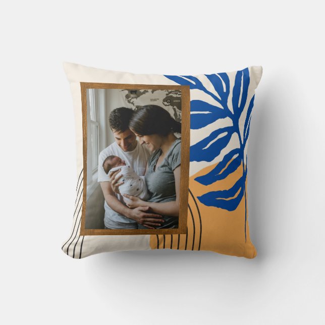 Custom Photo Modern Abstract Botanical Blue Yellow Throw Pillow (Front)