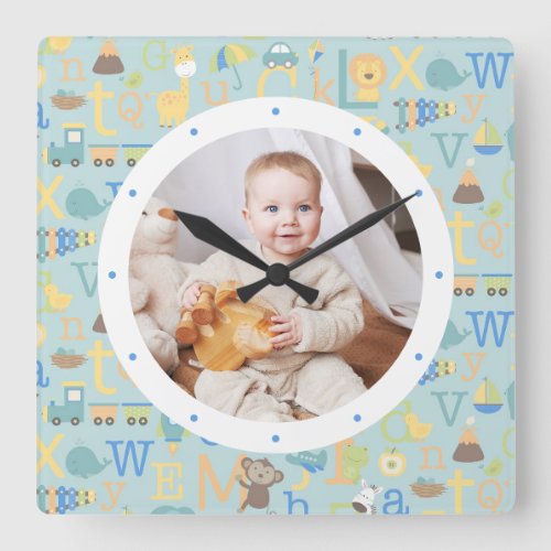 Custom Photo Modern Baby Boy Personalized Nursery Square Wall Clock