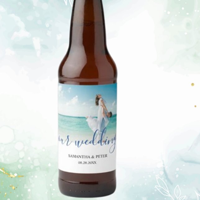 Custom Photo Modern Beach Wedding Beer Bottle Label (Celebrate your special day with custom photo modern beach wedding beer bottle labels )