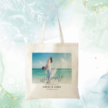 Custom Photo Modern Beach Wedding Welcome Tote Bag<br><div class="desc">Custom Photo Modern Beach Wedding Welcome A modern handwritten wedding sign with photo Click the "Customize it!" button to change to your favorite picture, text size, text color, font style and more! ⭐This Product is 100% Customizable. *****Click on CUSTOMIZE BUTTON to add, delete, move, resize, changed around, rotate, etc... any...</div>