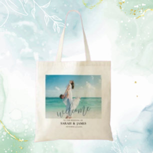 Custom Photo Modern Beach Wedding Welcome Tote Bag
