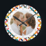 Custom Photo Modern Colorful Personalized Round Clock<br><div class="desc">Custom Photo Modern Colorful Personalized Clock features a colorful modern geometric pattern with your favorite photo in the center. PHOTO TIP: center your photo prior to uploading to Zazzle. Designed by Evco Studio www.zazzle.com/store/evcostudio</div>