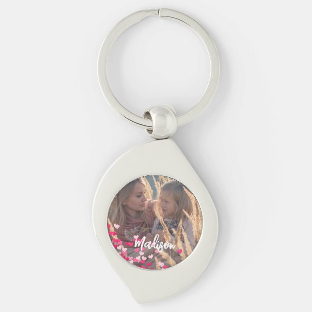 Custom Photo Modern Cursive Scattered Pink Hearts  Keychain (Front)