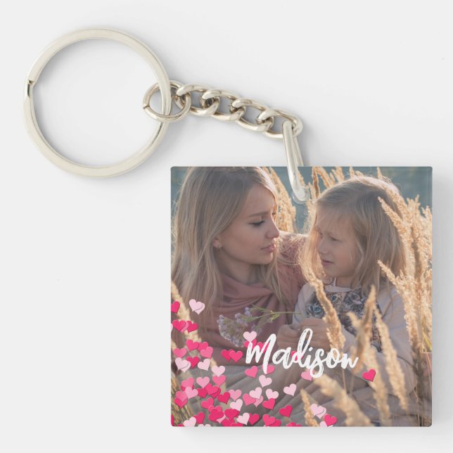 Custom Photo Modern Cursive Scattered Pink Hearts  Keychain (Front)