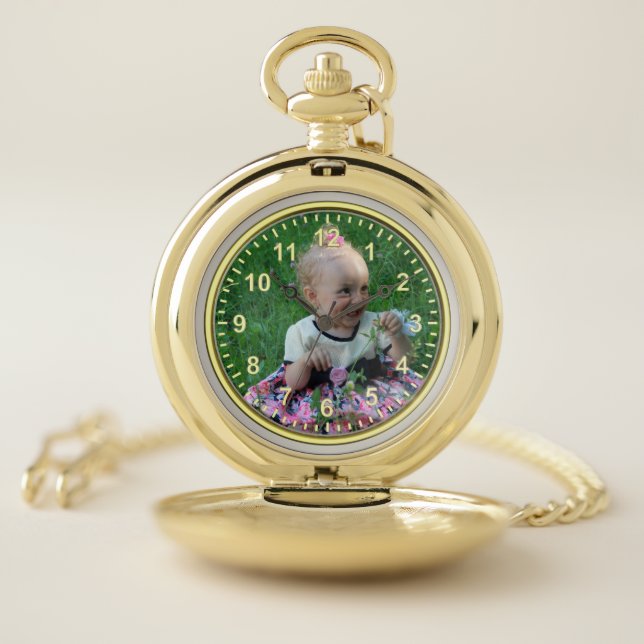Custom Photo Modern Gold Clock Face Pocket Watch (Inside)