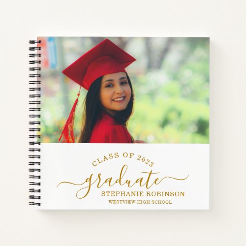 Custom Photo Modern Gold Script Graduation Guest Notebook