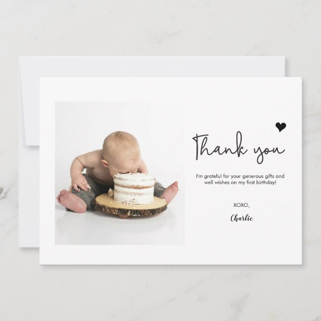Custom Photo Modern heart First Birthday Thank You Card (Front)