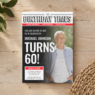 Custom Photo Modern Newspaper Cover 60th Birthday Invitation