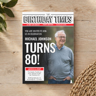 Custom Photo Modern Newspaper Cover 80th Birthday Invitation