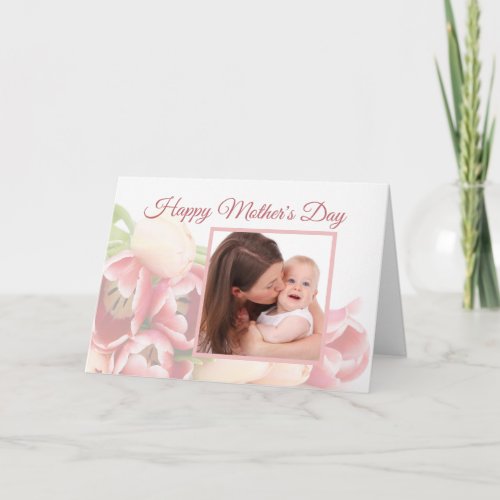 Custom Photo Modern Peach Pink Floral Mothers Day Card