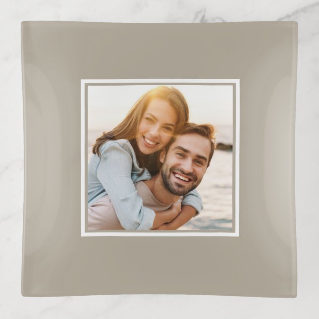 Custom Photo Modern Tan White Cute Simple Keepsake Trinket Tray (Front)