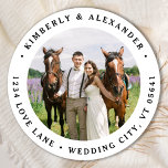 Custom Photo Modern Wedding Return Address Classic Round Sticker<br><div class="desc">Add the finishing touch to your wedding invitations with these custom photo, and personalized address labels. Customize with your favorite photo, names, and address. These simple address labels can be used for any and all occasions. COPYRIGHT © 2020 Judy Burrows, Black Dog Art - All Rights Reserved. Custom Photo Modern...</div>