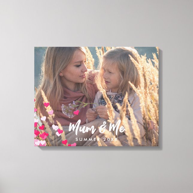Custom Photo Modern Writing Scattered Pink Hearts Canvas Print (Front)