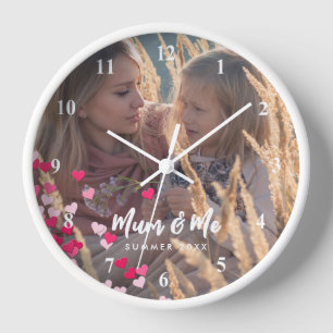 Custom Photo Modern Writing Scattered Pink Hearts Clock