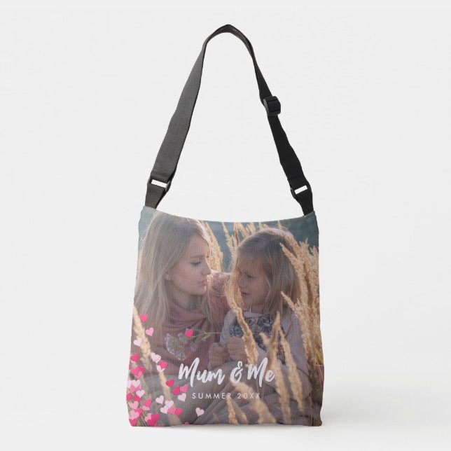 Custom Photo Modern Writing Scattered Pink Hearts Crossbody Bag (Front)