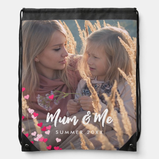 Custom Photo Modern Writing Scattered Pink Hearts Drawstring Bag (Front)