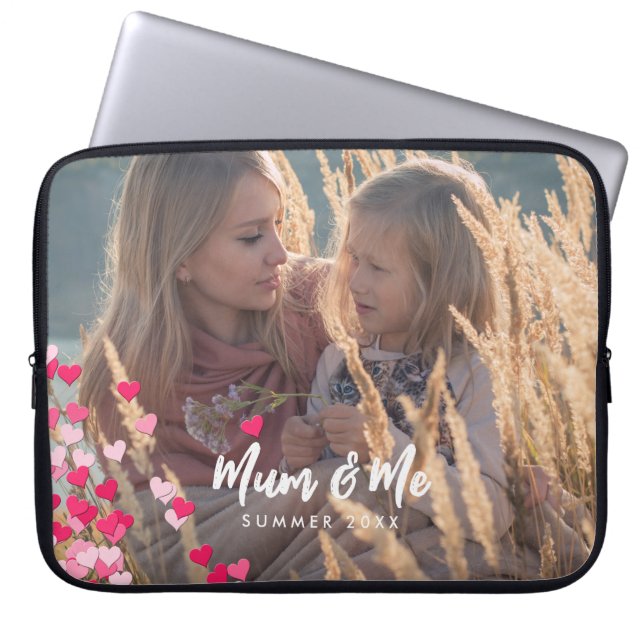 Custom Photo Modern Writing Scattered Pink Hearts Laptop Sleeve (Front)
