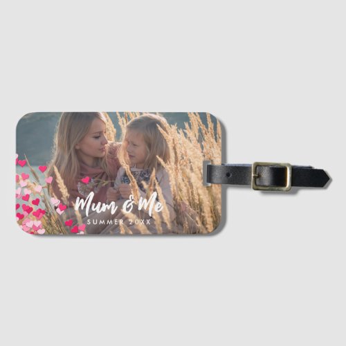 Custom Photo Modern Writing Scattered Pink Hearts Luggage Tag