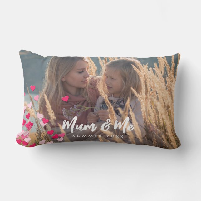 Custom Photo Modern Writing Scattered Pink Hearts Lumbar Pillow (Front)